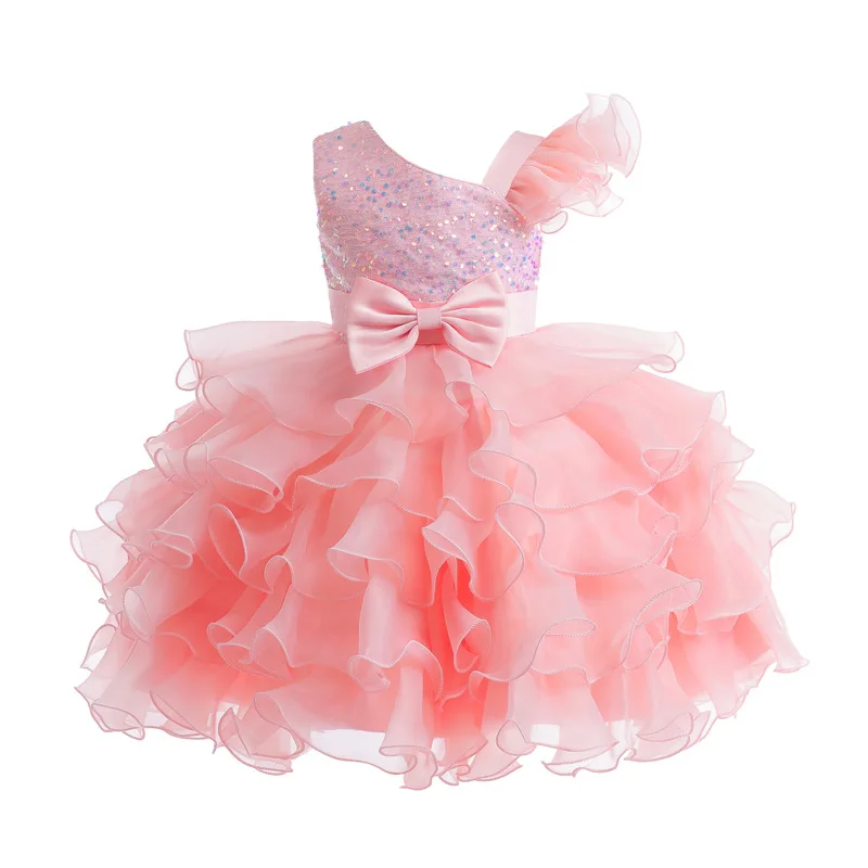 3-10Years Girls One Shoulder Sequined Layered Ruffled Cupcake Tutu Dress Birthday Party Pagenat Formal  Dress