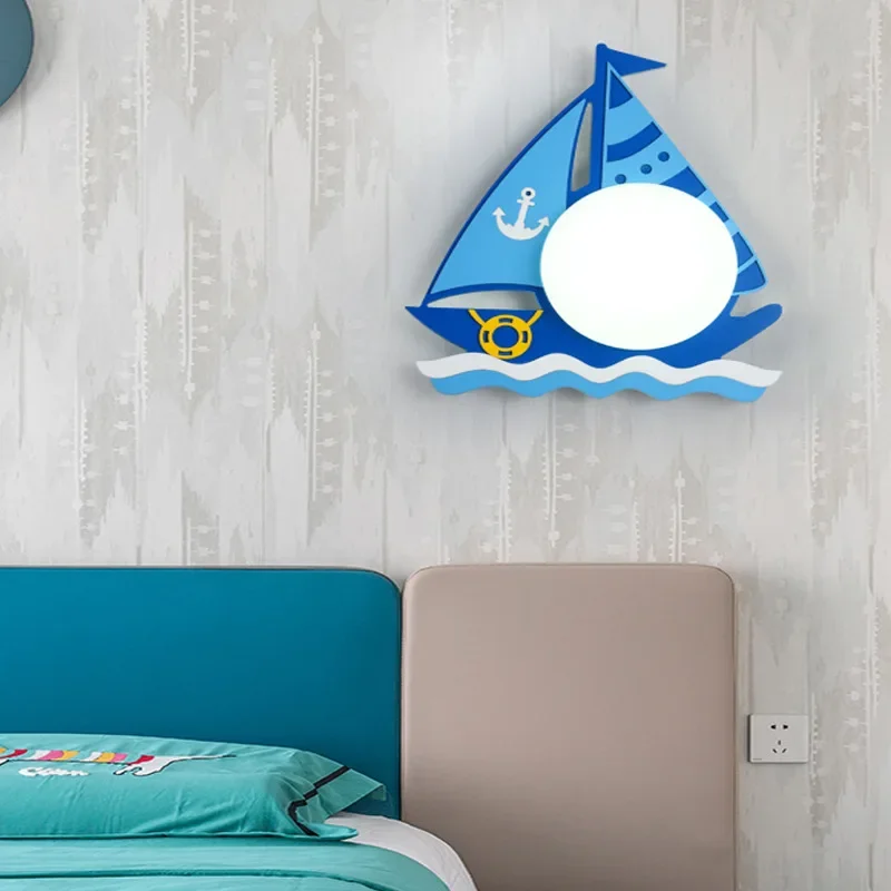 

12W Modern Sailboat Light Creative Solid Wood Wall Lamp 3 Color Temperature LED Wall Decorative Lamps Boy Children Kids Bedroom