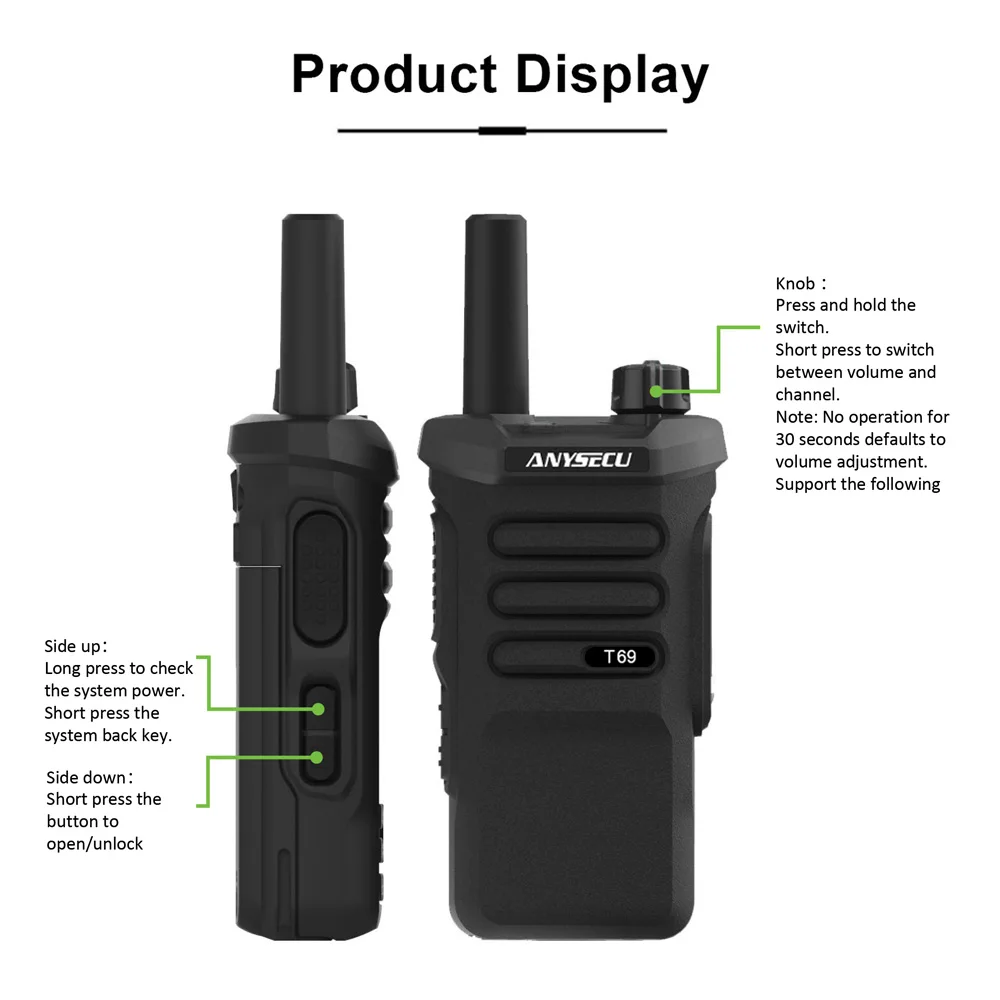 Anysecu No Screen Zello Android 5.1 Walkie Talkie with Zello 4G LTE Network Radio GPS WiFi PoC Network Walkie Talkie T69