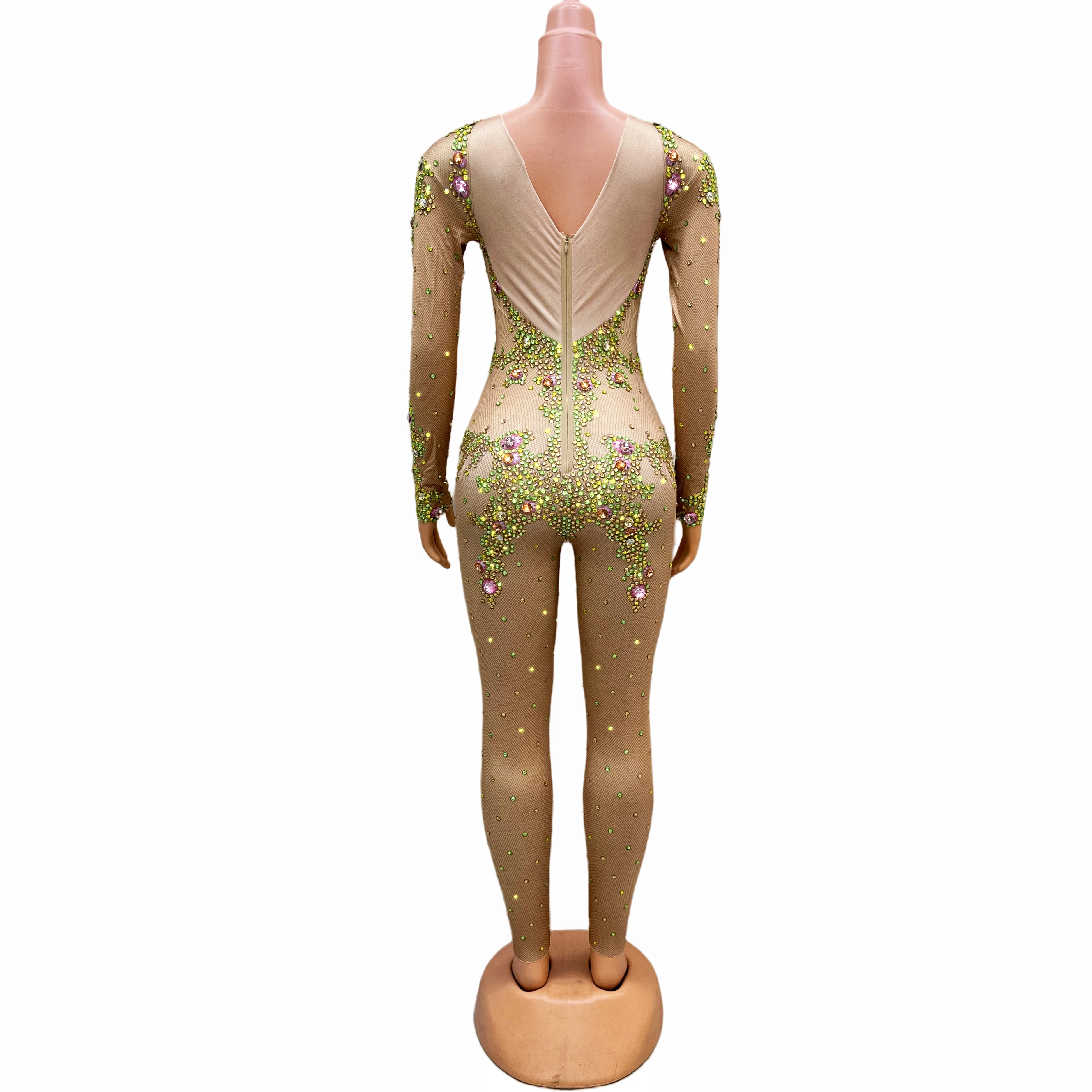 Sexy Nude Gold Rhinestones Bodysuit Spandex Good Stretch Green Jumpsuit Outfit Birthday Party Dance Collections tianyuan