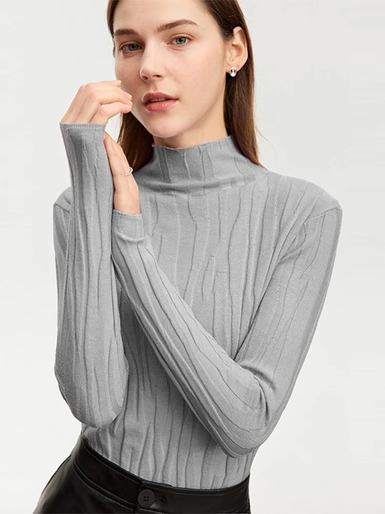 AMII Minimalist 2023 Winter New Sweaters For Women Simple Solid Mock Neck Art Irregular Wool High Elastic Slim Pullover 12324064