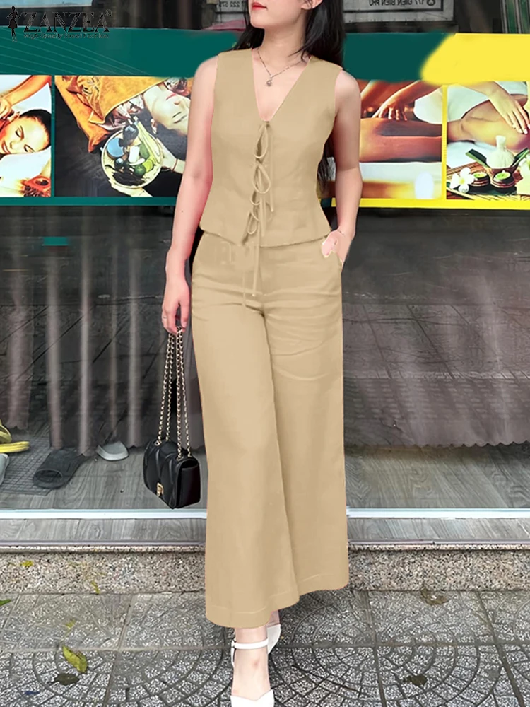 

ZANZEA Women Solid Sets Casual V Neck Lace-up Tops Loose Elastic Waist Pants 2025 Elegant Suits Outfits OL Work Matching Sets