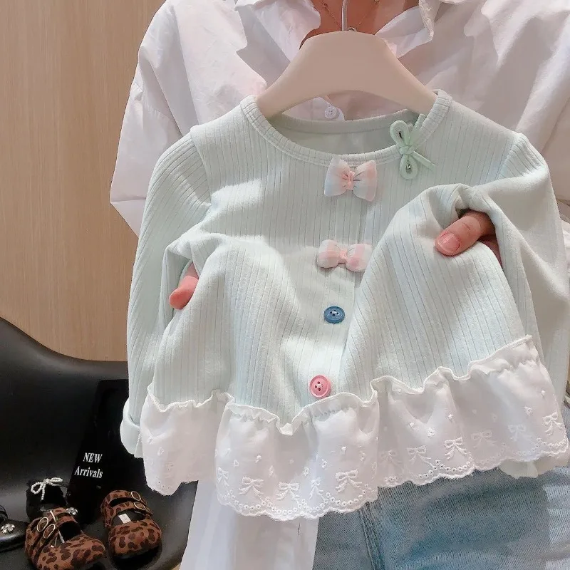 UNITIM Herbst-Unterhemd für Kinder, lockeres Unterhemd mit Schleife und Spitzenbesatz, für Kleinkinder, Mädchen, lange Ärmel, 2–8 Jahre, für Kinder, Mädchen, Rundkragen-T-Shirts – Detail 5