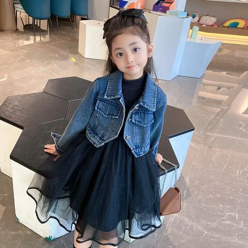 

Платье для девочек, комплект из двух предметов, весенне-осеннее ковбойское пальто, шифоновая юбка с круглым вырезом и длинными рукавами, детская модная повседневная одежда Kawaii