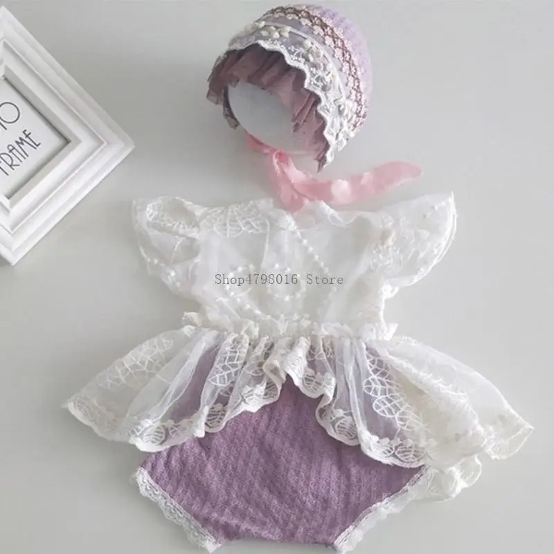 

Newborn Photography Lace Jumpsuit Bonnet Hat Set Photo Props Baby Photo Outfit