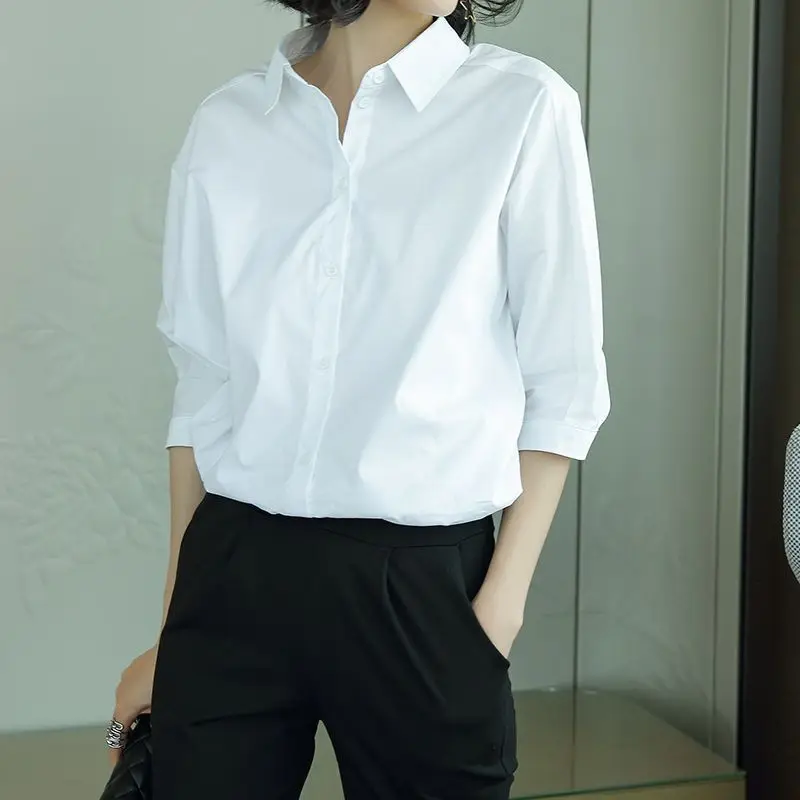 Casual Office Lady Blouses Turn-down Collar Spring Summer Button Simplicity Three Quarter Sleeve Intellectual Women's Clothing