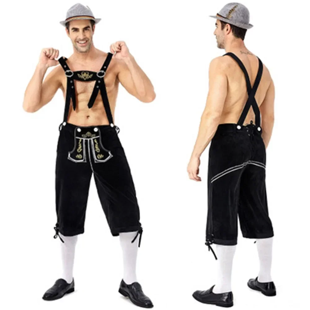 Germany Oktoberfest Beer Man Lederhosen Costume Halloween Bavarian Carnival Party Deluxe Cosplay Suspenders Shorts
