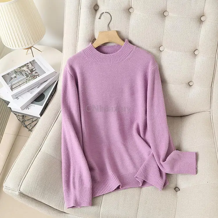 CNlalaxury High Quality Women Purple Loose Knitted Sweater Jumper Female Elegant Solid Soft Simple Long Sleeve Pullovers