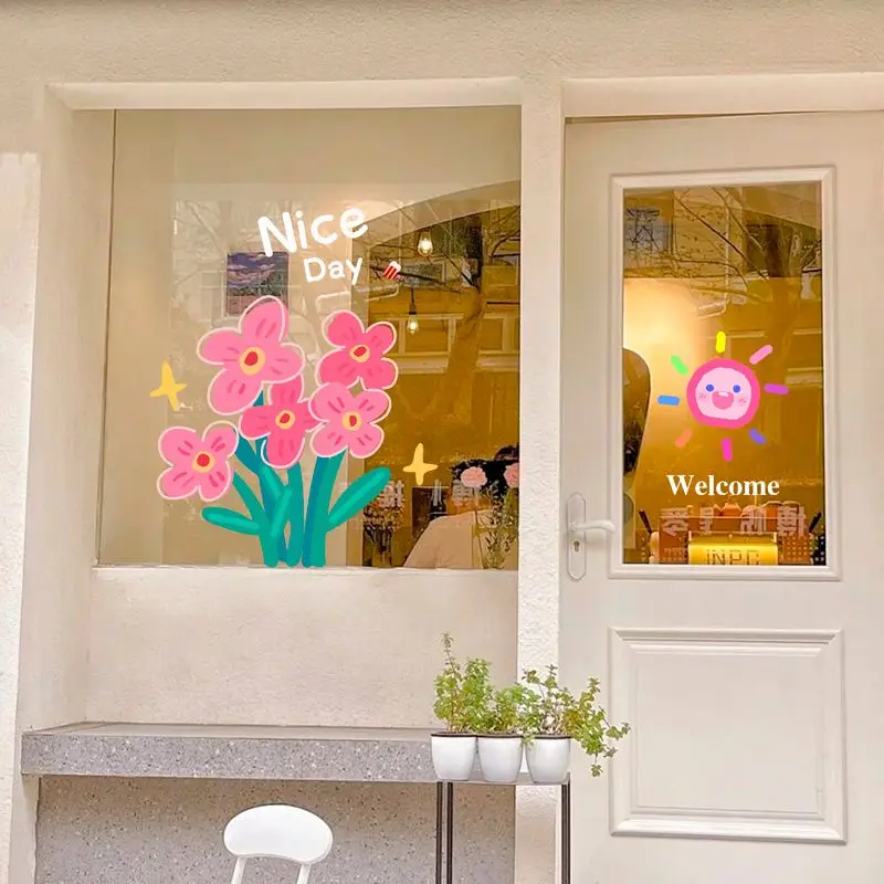 Autocollants de fleurs de Style coréen, Films de décoration pour vitrine en verre, décoration d'ambiance de printemps, portes en verre, autocollants électrostatiques