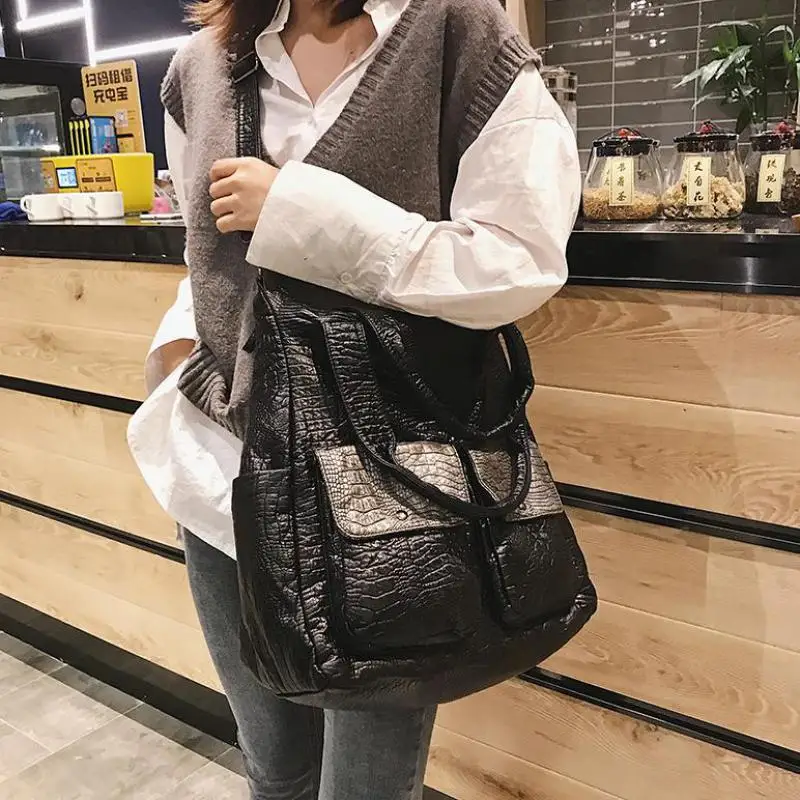 Vintage PU Women Soft Leather Handbags Big Capacity Crocodile Shoulder Bag Hobo Retro Crossbody Bag Black Large Shopper Tote New