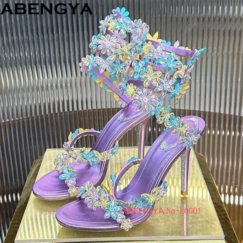 Summer High Heels Sandals Women Rhinestone Pendant Ankle Wrap Around Strap Party Prom Shoes Bohemian Style Heeled Sandals Woman