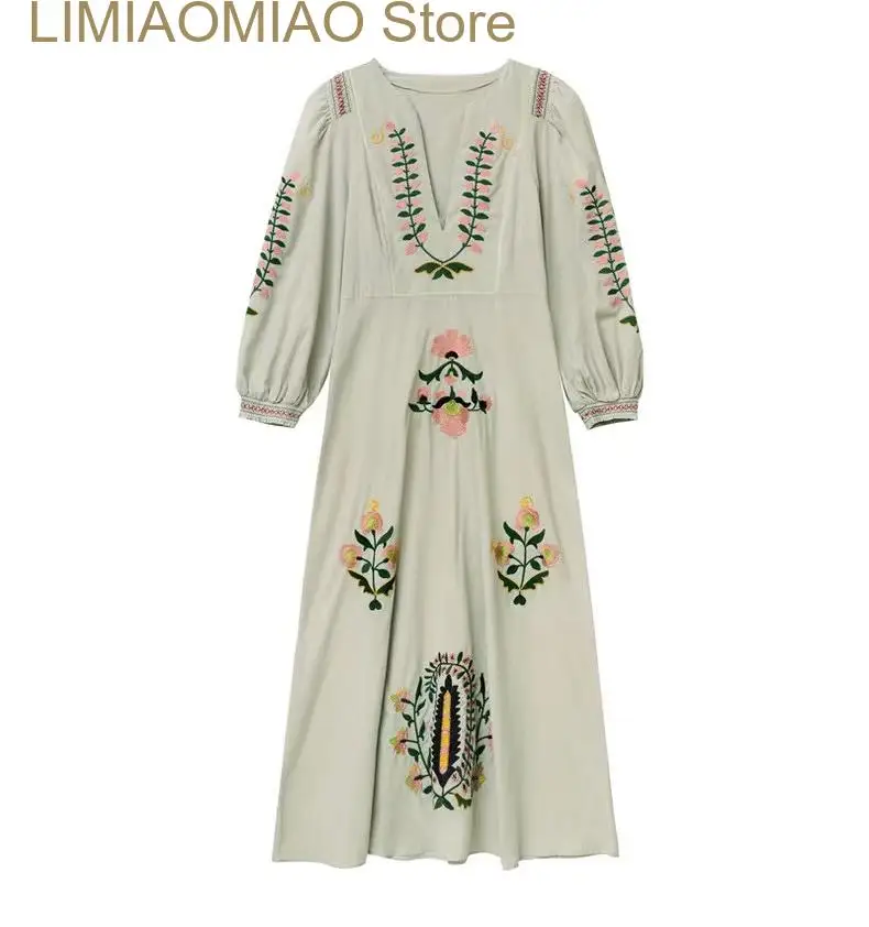 New positioning heavy industry embroidery craft V-neck long dress Bohemian holiday style