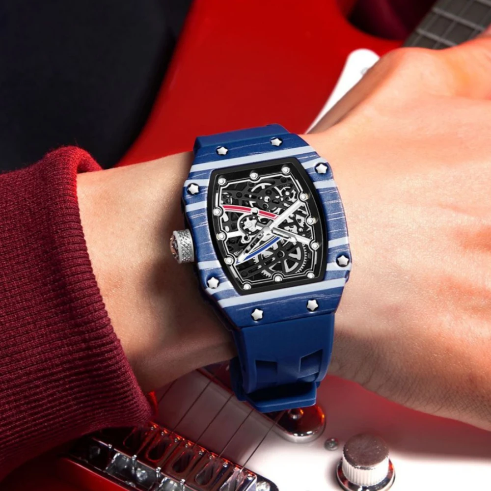 Classic Tonneau Quartz Watch Men  Color Painted Dial Trendy Ultra-Thin Hollow Top Original Watch Men Fshion Date Clock Relogio