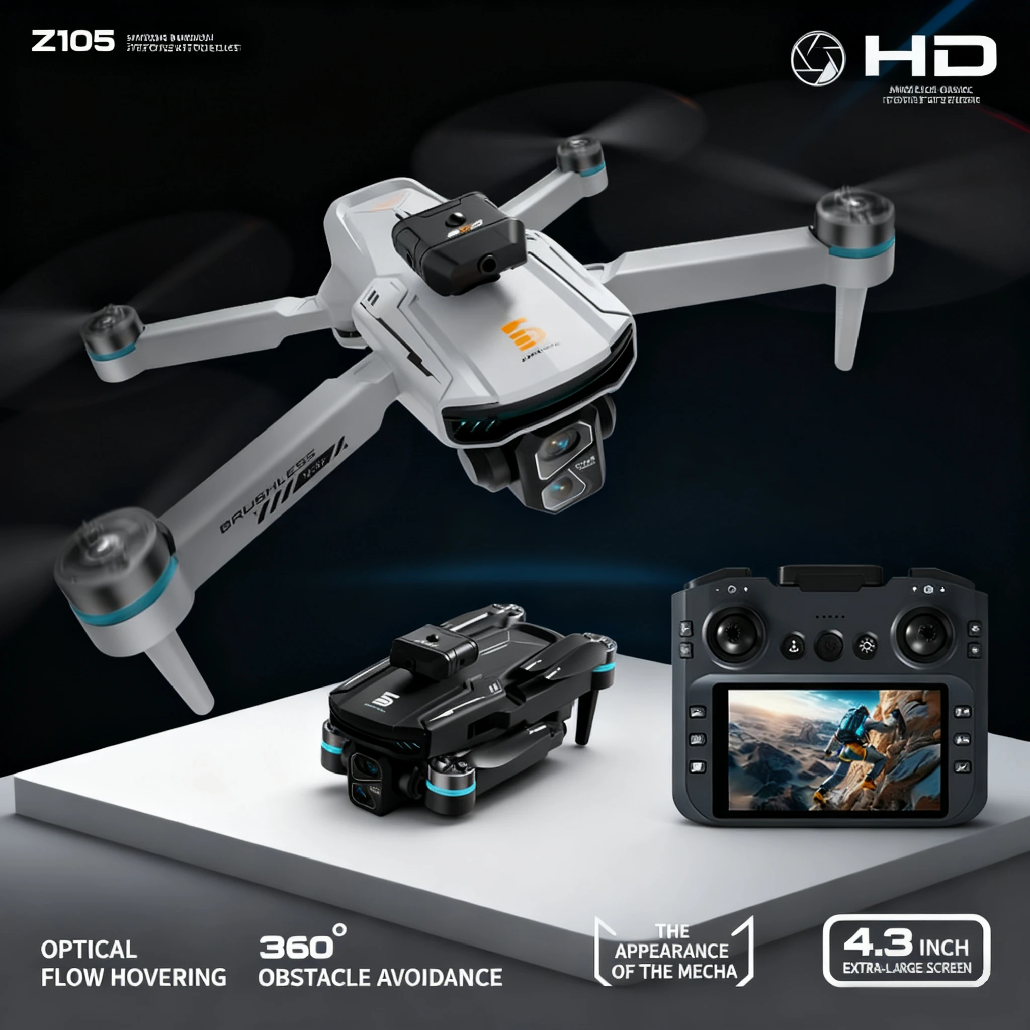 Z105 RC Drone Quadcopter، كاميرا مزدوجة 4K، 2.4G WIFI، قابلة للطي بدون فرش، تجنب العوائق بالأشعة تحت الحمراء، طريق مخصص، شاشة 4.3 بوصة،
