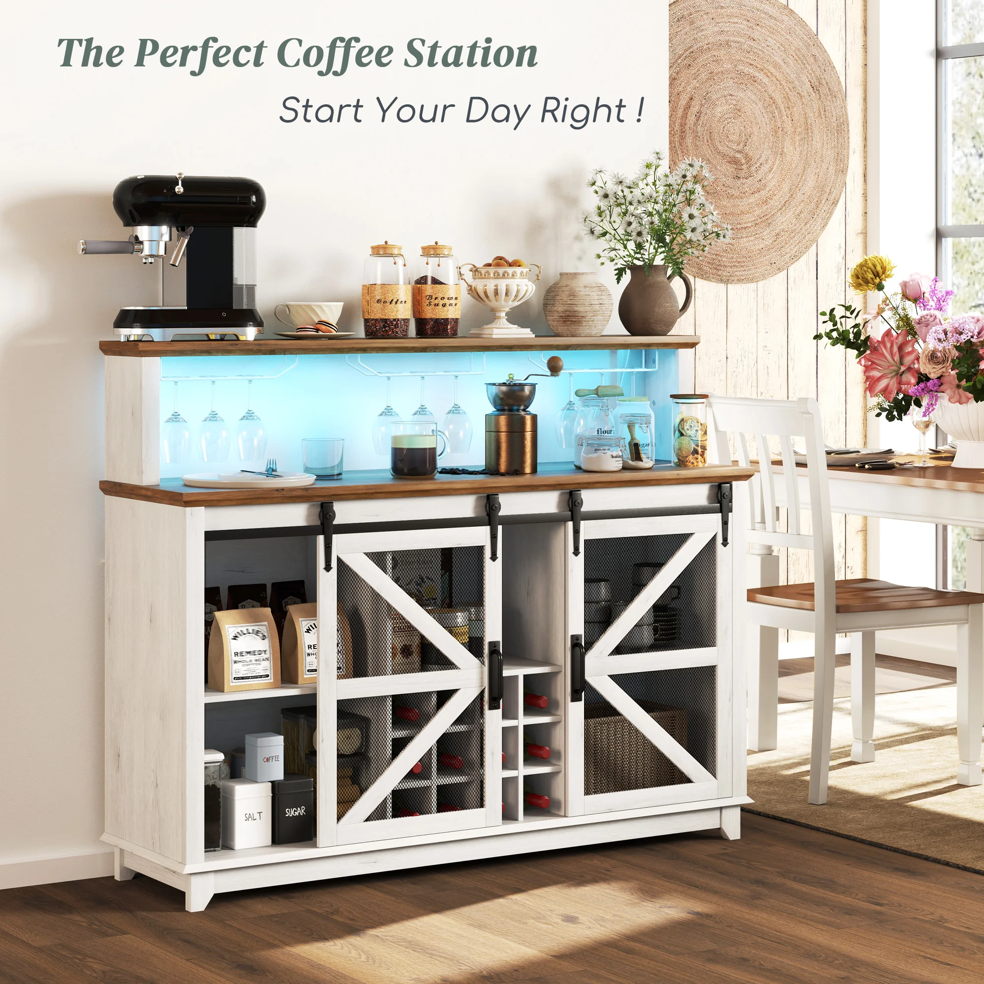 HOMCOM Farmhouse Coffee Bar Cabinet with Smart App Control LED Lights, 55