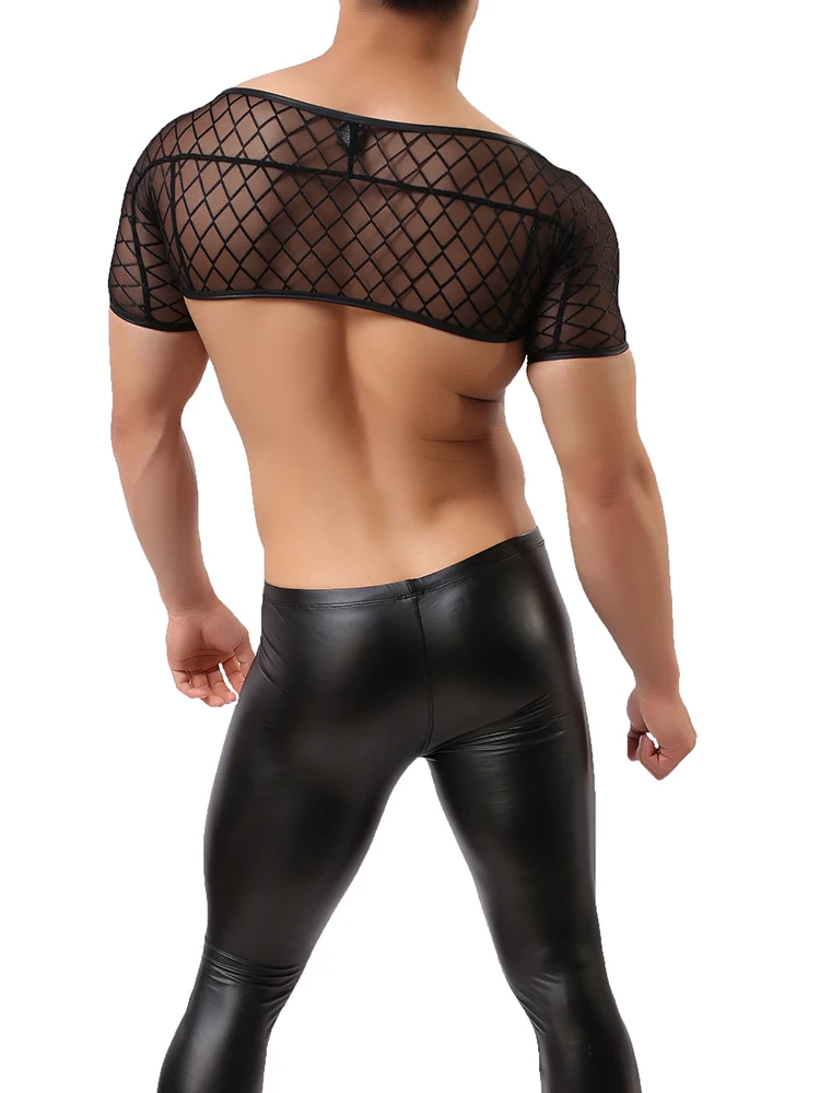 

Men's Irregular See Through Crop Tops Black Mesh Breathable Youth Fashion Mini Undershirts Stage Performance Short Sleeves