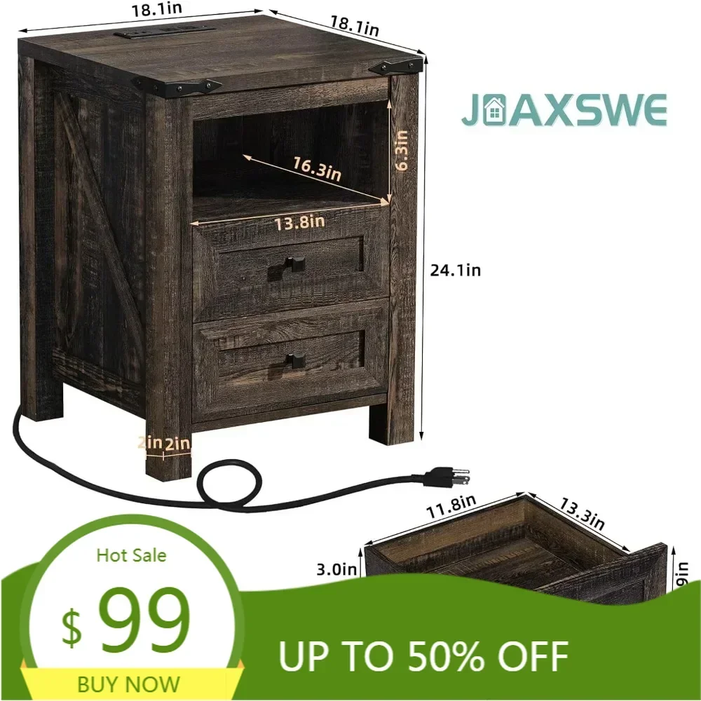 

farmhouse style side table with charging station, usb ports, and storage drawers for sofa and bed area