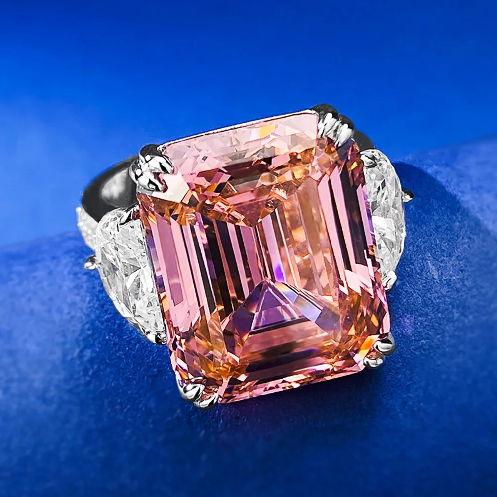 Luxury 13*16mm 15ct Emerald Cut Pink Orange Tourmaline High Carbon Diamond Rings for Women S925 Silver Rings Party Fine Jewelry