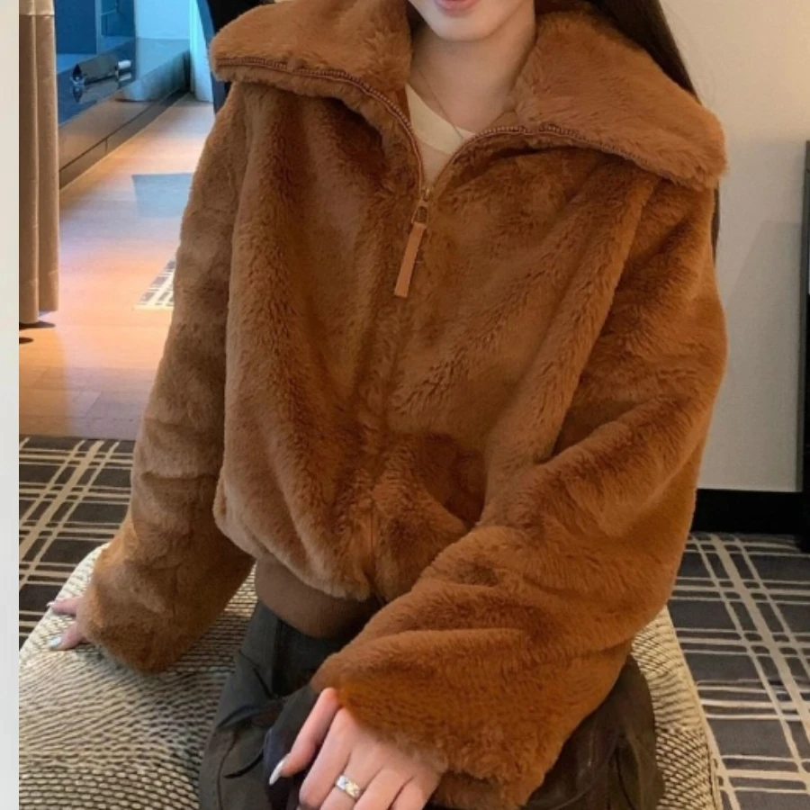 

Премиум 2025, зимнее новое свободное двустороннее плюшевое пальто с воротником-стойкой и воротником-стойкой для женщин