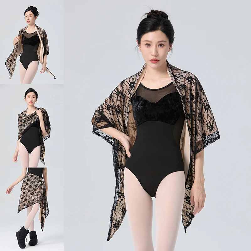 Women Ballet Dance Tops Adults Cape Coat Ballet Tops Retro Lace Chiffon Two-tone Shawl Skirt