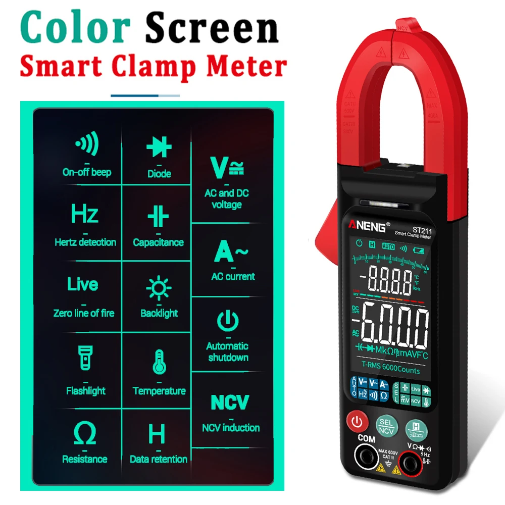 ANENG ST211 Digital Multimeter Clamp Meter 6000 Counts Ammeter AC DC Voltage Current Tester Car Amp Hz NCV Ohm Test Color Screen