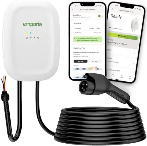 

Зарядное устройство EMPORIA Level 2 для электромобилей, 48А, с Wi-Fi, кабель J1772 25 футов, проводное, белое