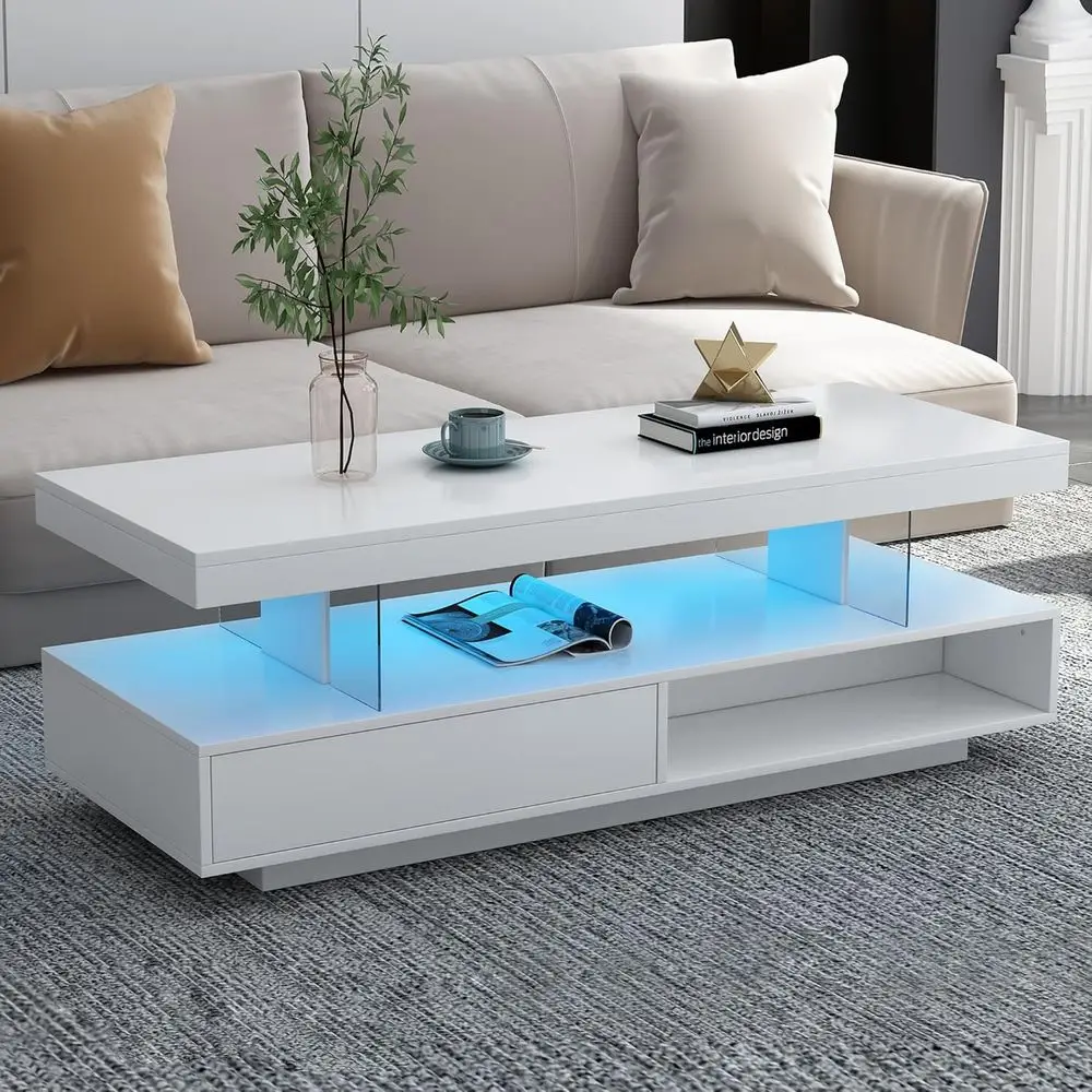 

Glossy White Storage Cocktail Table with LED Lights & Display Shelves, 51.2 for Living Room