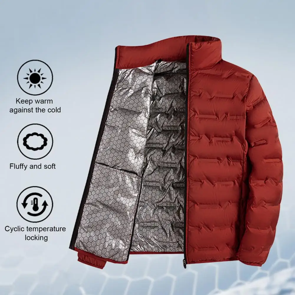 Down Coat Men's Stand Collar White Duck Down Jacket with Zipper Placket Pockets Quilted Outerwear for Long Sleeve Warmth Winter
