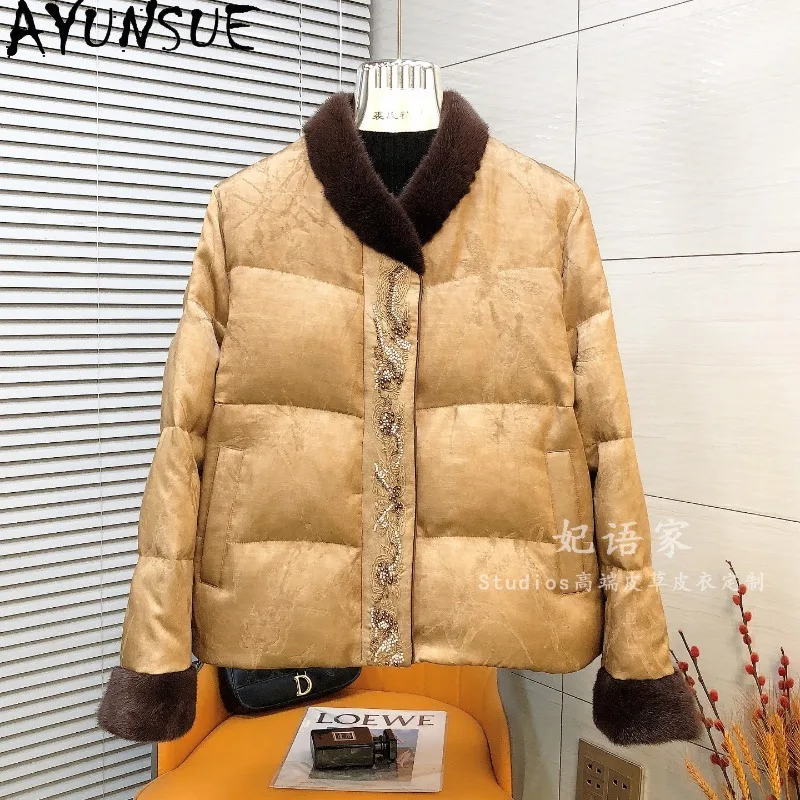 AYUNSUE Goose Down Jacket Woman Mink Fur Collar Fashion Jacquard Outerwears Warm Women Winter Coats Retro Woman Clothes Jaqueta
