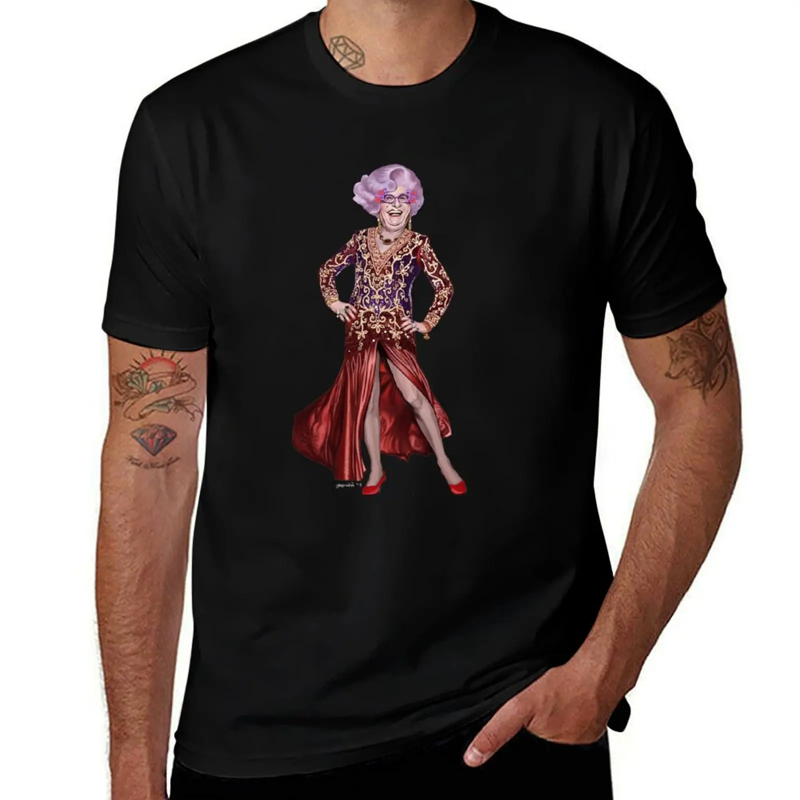 

Dame Edna Everage “A Night on Mount Edna” Frock by James Brennan T-Shirt men t shirt cotton 100% T-Shirt