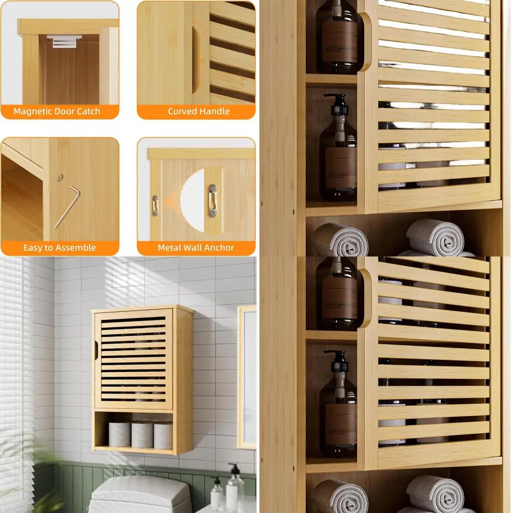 

Over-the-Toilet Bamboo Wall Cabinet with Single Door and Open Shelf, Natural Finish, Storage for Kitchen and Living Room