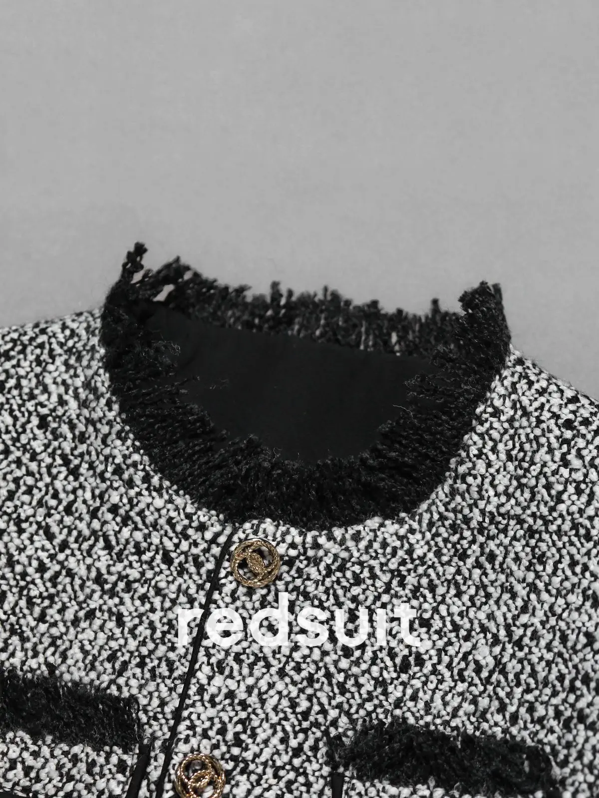 New High cut black  white coarse woolen handmade tassel gold button jacket with  slimming look   Custom size