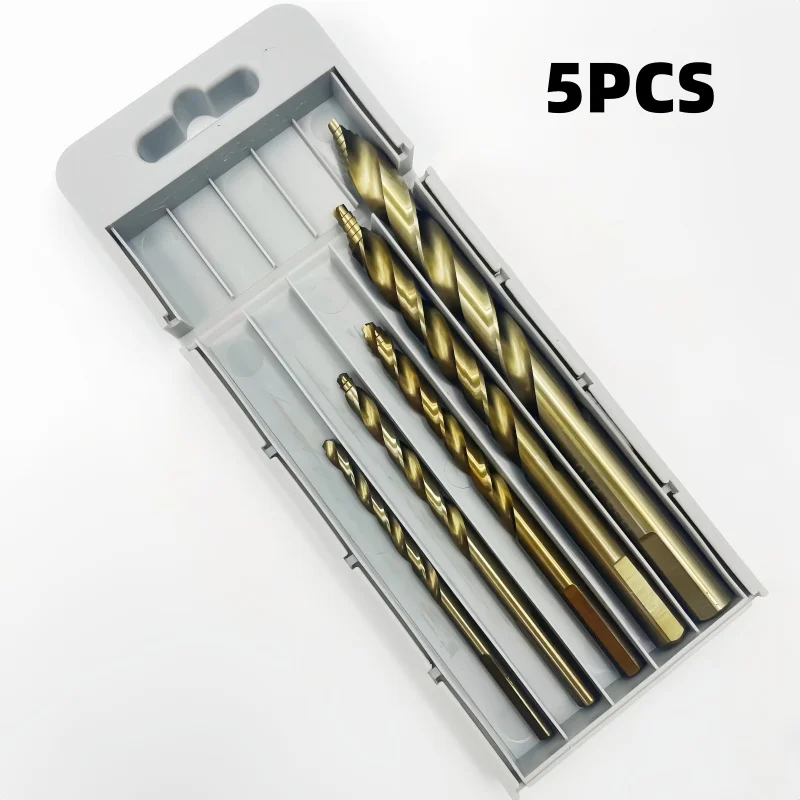5Pcs Hex Shank Serrated Twist Step Drill Bit Set Titanium‑Coated 4‑10mm HSS Hole Cutter with Storage Box for Wood Metal DIY