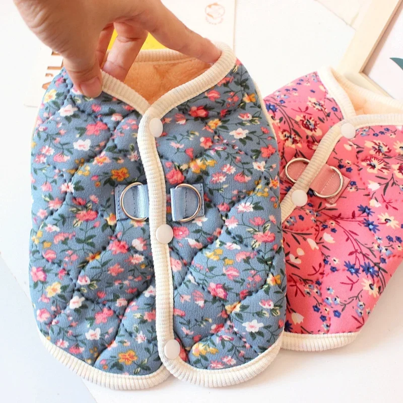 Winter Flower Pattern Pet Dog Clothing Navy Blue Clothing Pink Sleeveless Vest Puppy Jacket Chihuahua And Shih Tzu Dog Coat