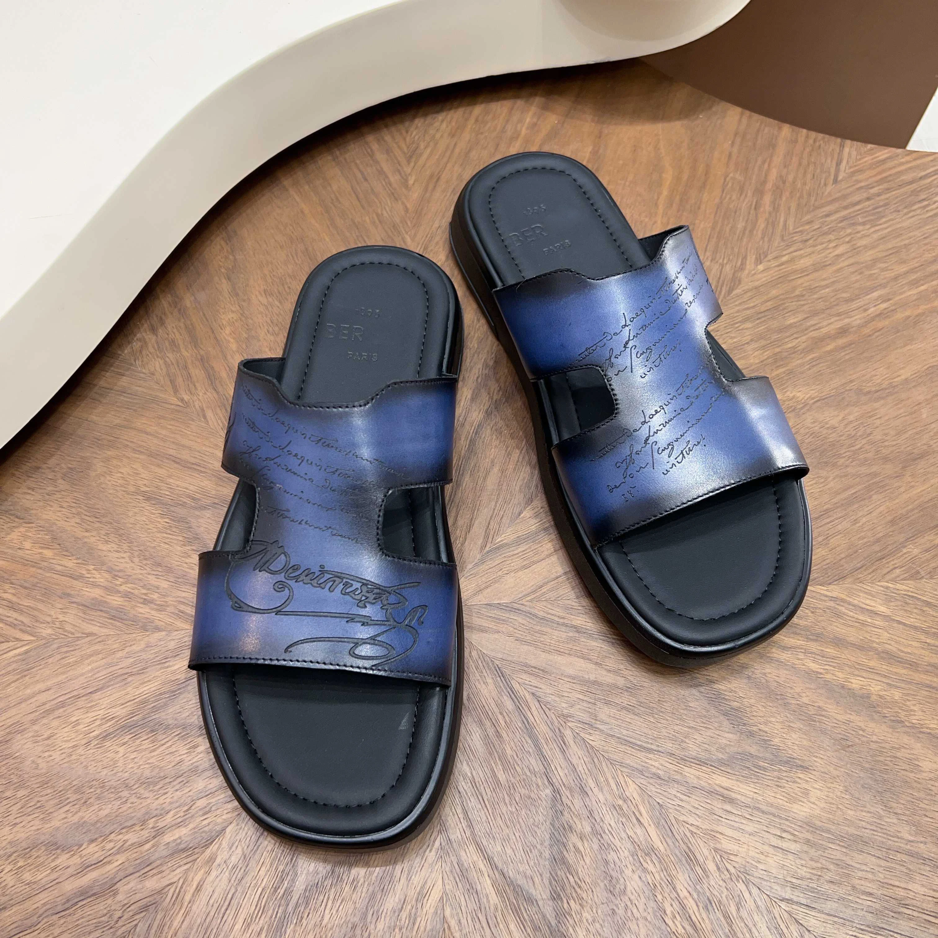 BLLIYOSS Men Patterned leather slippers 1895 Shoes New Calf stitching high quality  relief sculpture Embossed badge size 38-46