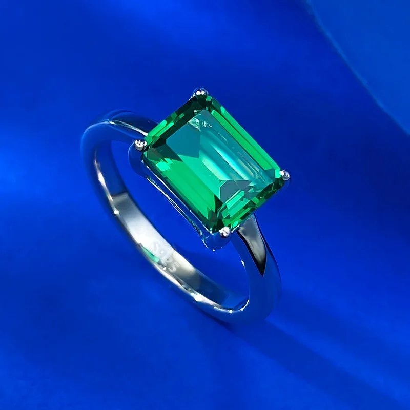 Live Broadcast 925 Silver Minimalist Style Emerald 7 * 9mm Rectangular Pagoda Ring for Women in Europe and America Cross-border