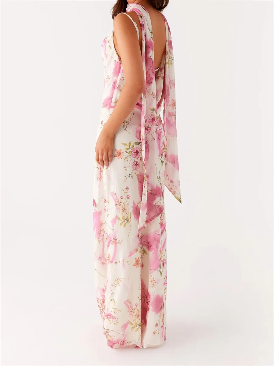 ผู้หญิงฤดูร้อน Cami ชุดสปาเก็ตตี้สายคล้องคอพิมพ์ลายดอกไม้ชุดยาวแฟชั่นชุดลําลองพร้อม Choker ผ้าพันคอ