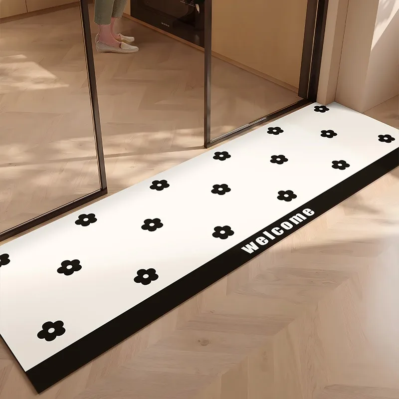 PVC Kitchen Floor Mat Waterproof Leather Foot Mats Non-slip Oil Proof Carpet Long Rug Black Flower Stripe Home Decoration Rugs