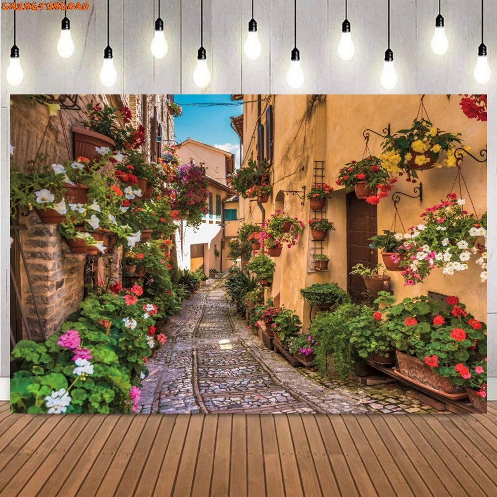 Spring Summer Village Town Photography Backdrop Spring Stone House Natural Scenery Room Decor Photographic Background Props