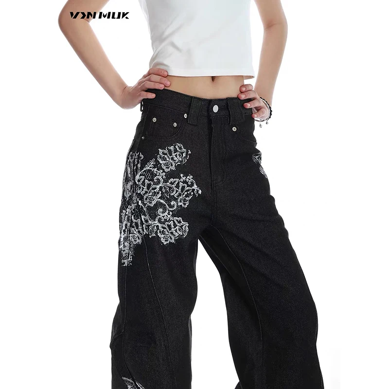 ZHIZOU American Pattern Embroidery Baggy Black Jeans Women High Street Vintage Y2K Hip Hop Fashion Casual Wide-leg Pants Autumn