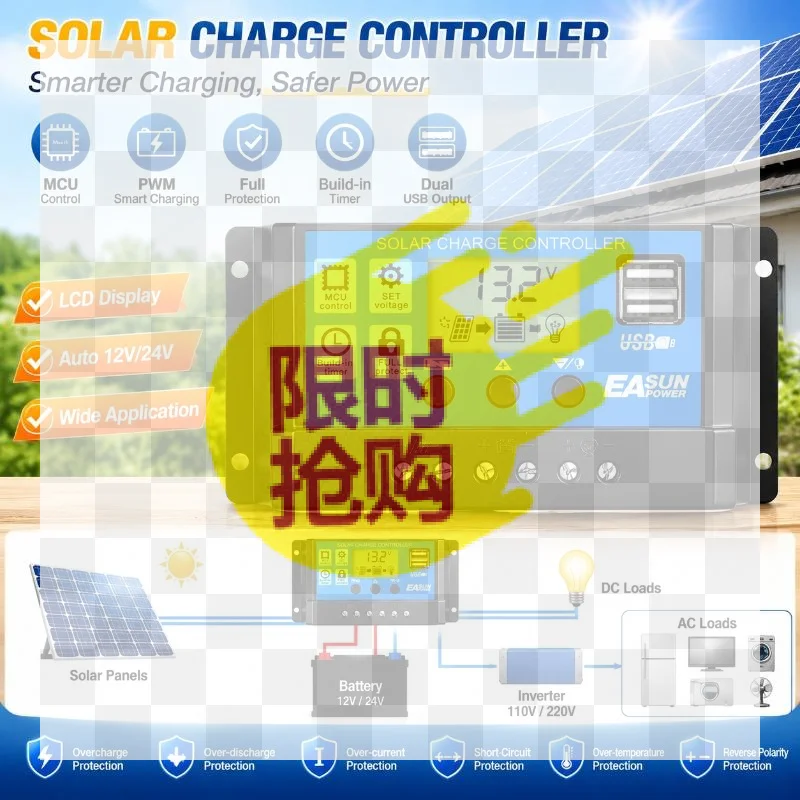 Solar Charge Controller With LCD Display PWM Charging Dual USB 12V 24V Auto Regulator For Solar Panel Battery System Charging