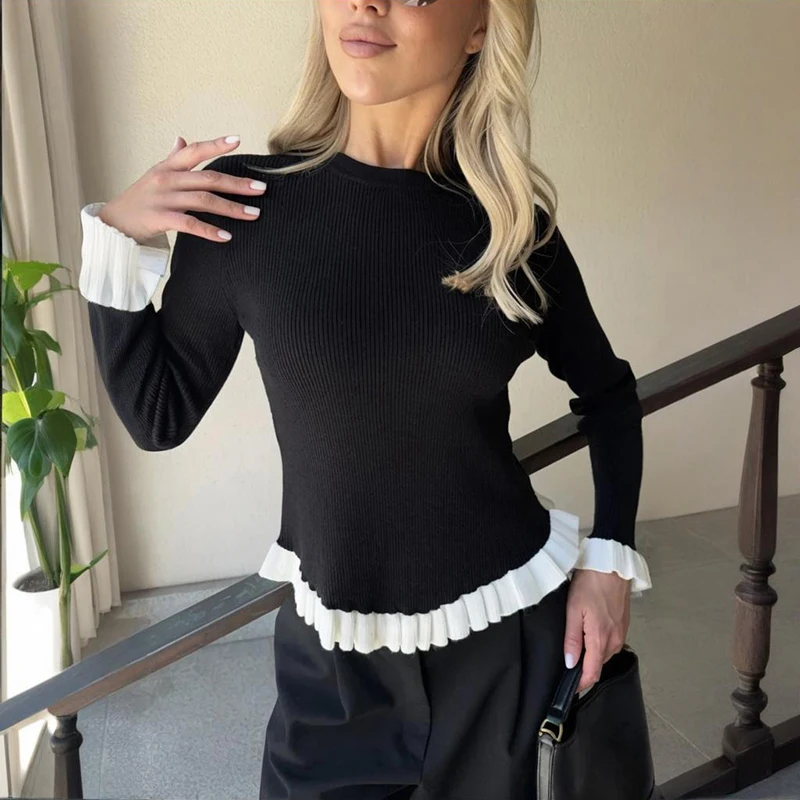 Tornova 패션 여성용 러플 니트 스웨터 슬림 오 넥 긴 소매 풀오버 스웨터 가을 겨울 니트 탑 여성