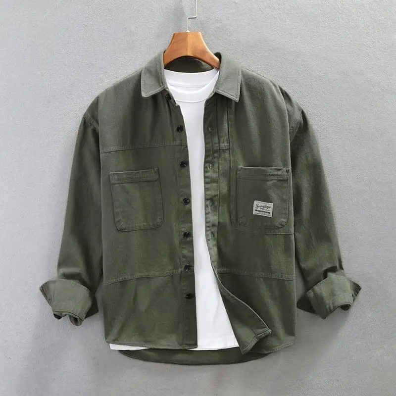 Men's Casual Wearable Cotton Shirt Spring Autumn Loose Fit Vintage Style Long Sleeve Workwear Jacket with Patch Pocket