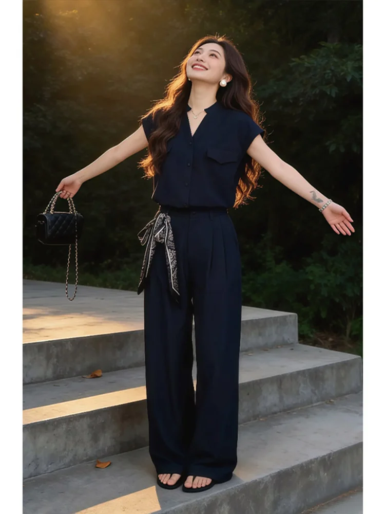 

OL Style V-Neck Short Sleeve Shirt And High Waist Wide Leg Pants Two-Piece Set for Women Breathable Casual Fashion Ensemble