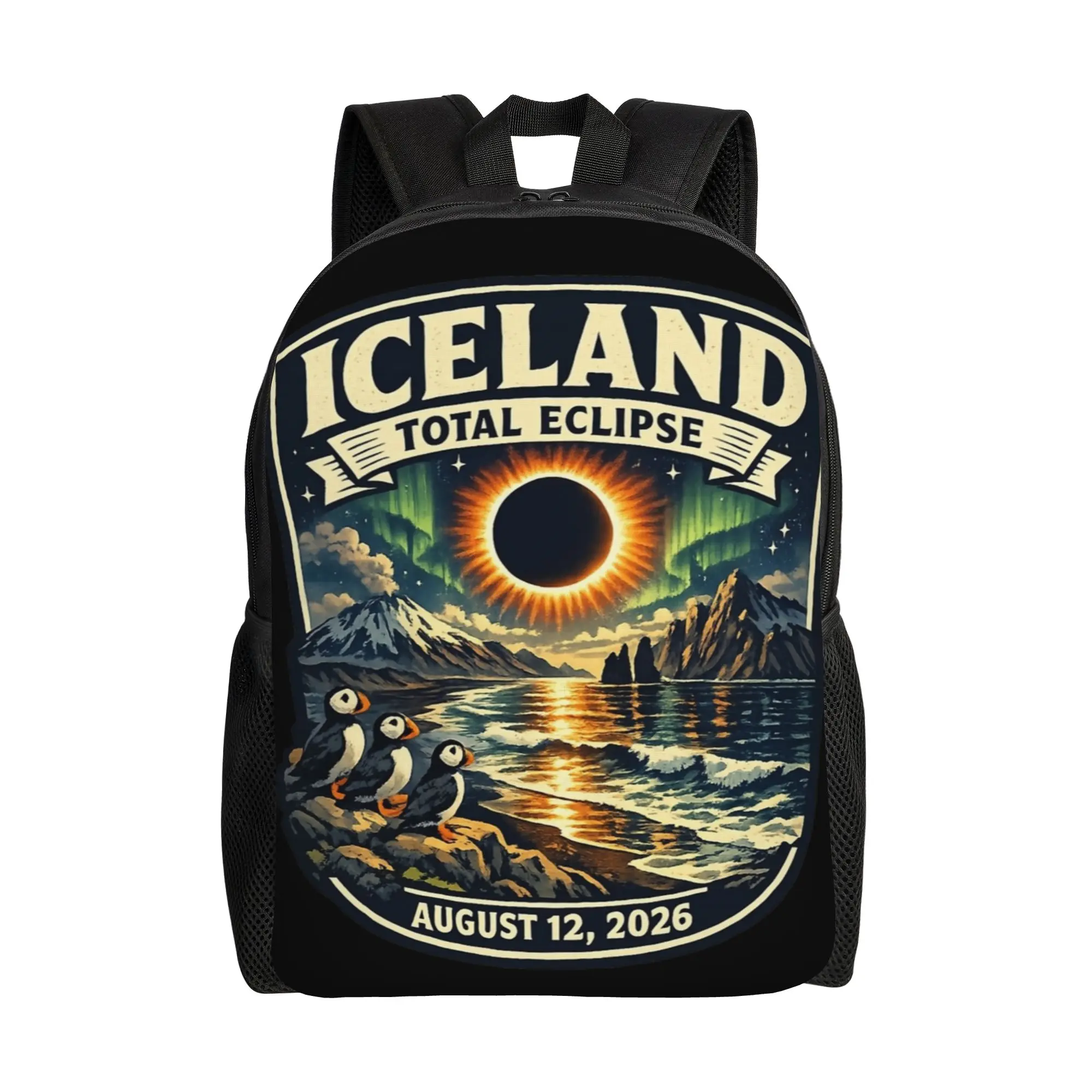 Iceland Total Solar Eclipse 2026  August 12 Eclipse Chaser Adventure Backpack for Men Student Daypack  College Canvas Bags Gift