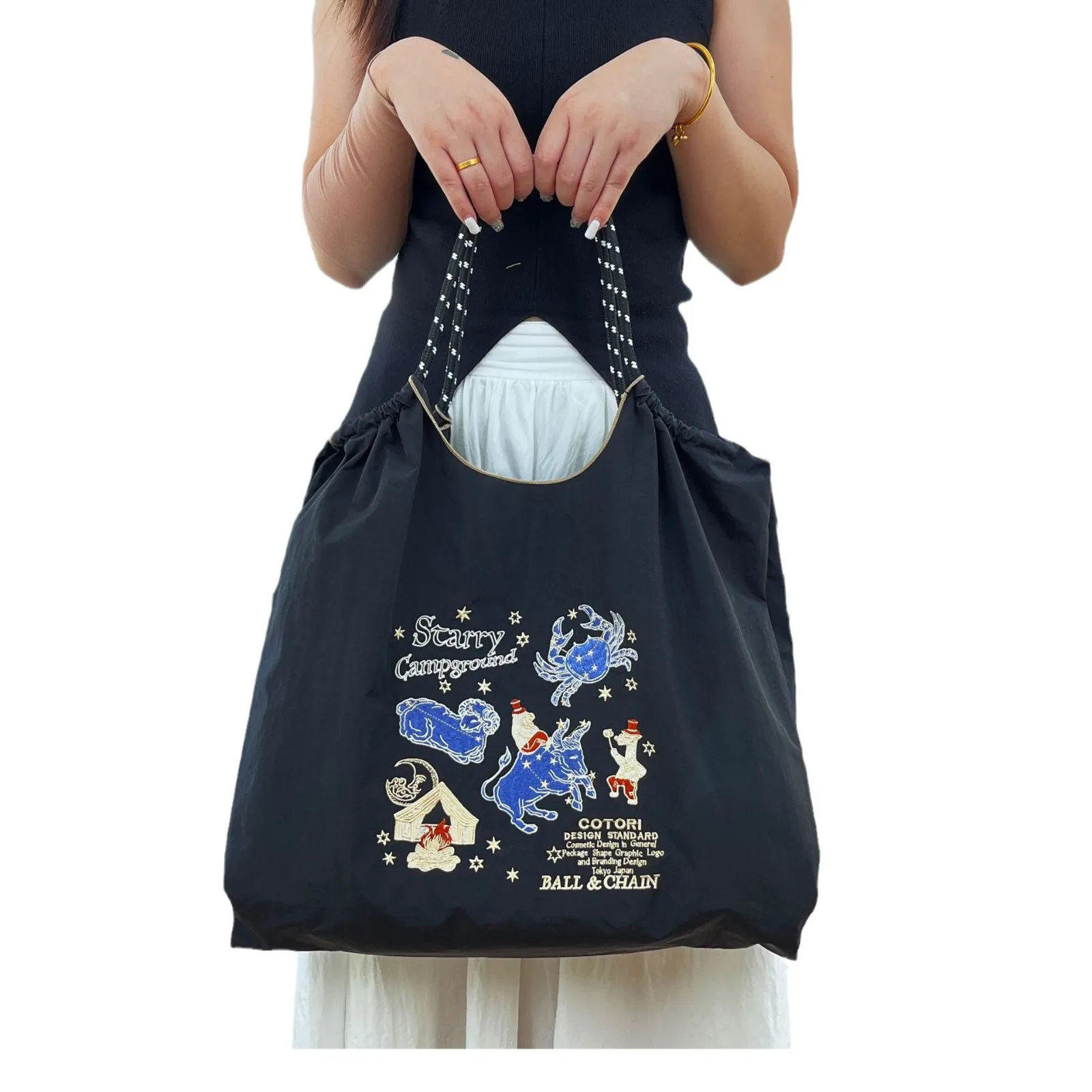 Kawaii Ball Chain Eco-Friendly Bag Embroidered Nylon Anime Cute Black Constellation Large Capacity Shopping Bag Women Handbag