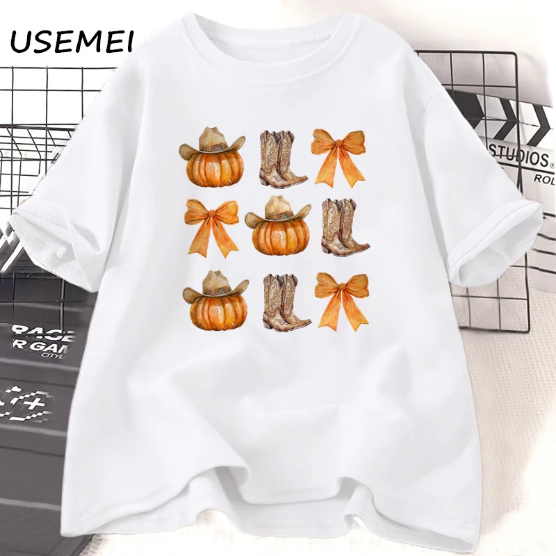 Western Fall Pumpkin T Shirts Coquette Bow Vibes Country Fall Cowgirl T Shirt Women Men Cotton Harajuku T-shirts Woman Clothes