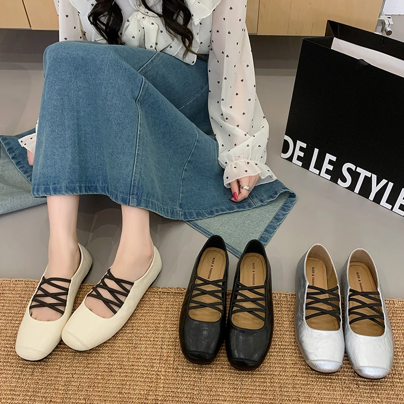 Women Lace-up Square Toe Flat Ballet Shoes Slip On Soft PU Sole Ladies Comfort Daily Walking Casual Trend Outdoor Footwear