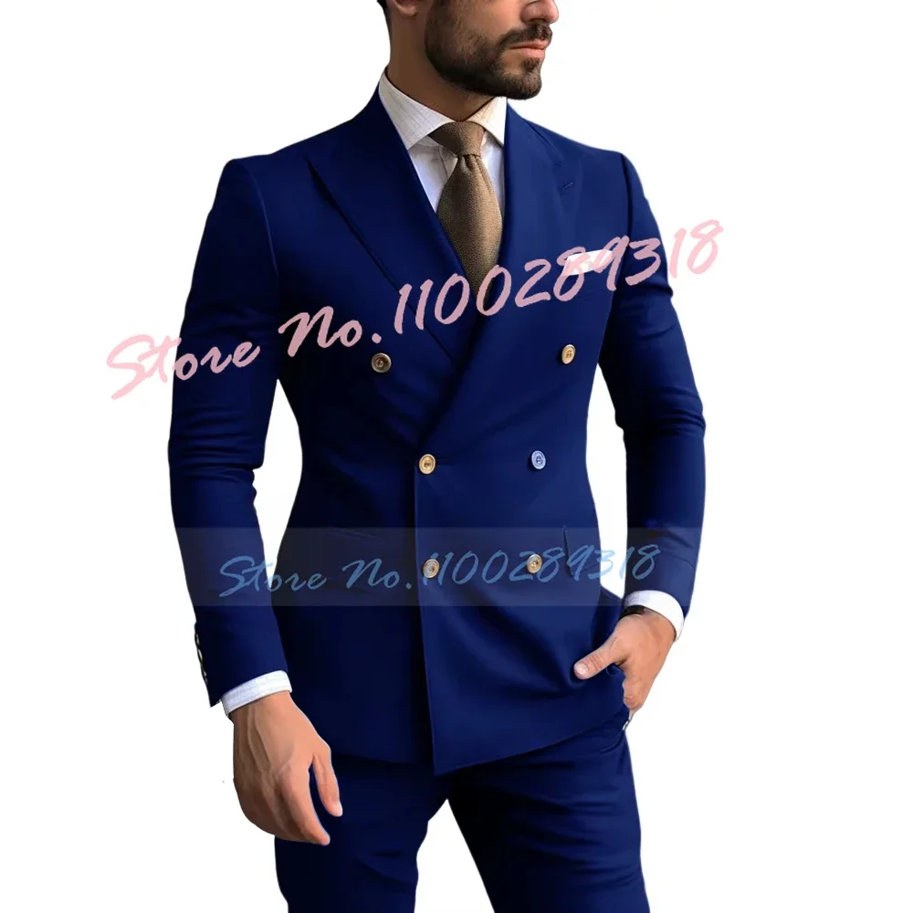 Handsome Navy Blue Men Wedding Suits 2 Pieces Coat and Pant Slim Bridegroom Jacket Custom Made Party Groom Tuxedos Costume Homme