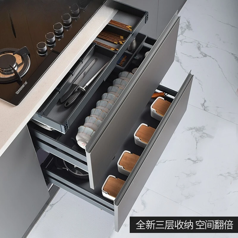

Kitchen Cabinet Dish Basket Three-layer Damping Cushioning Slide Rail Drawer Dish Storage Rack Aluminum Alloy Tool Pumping